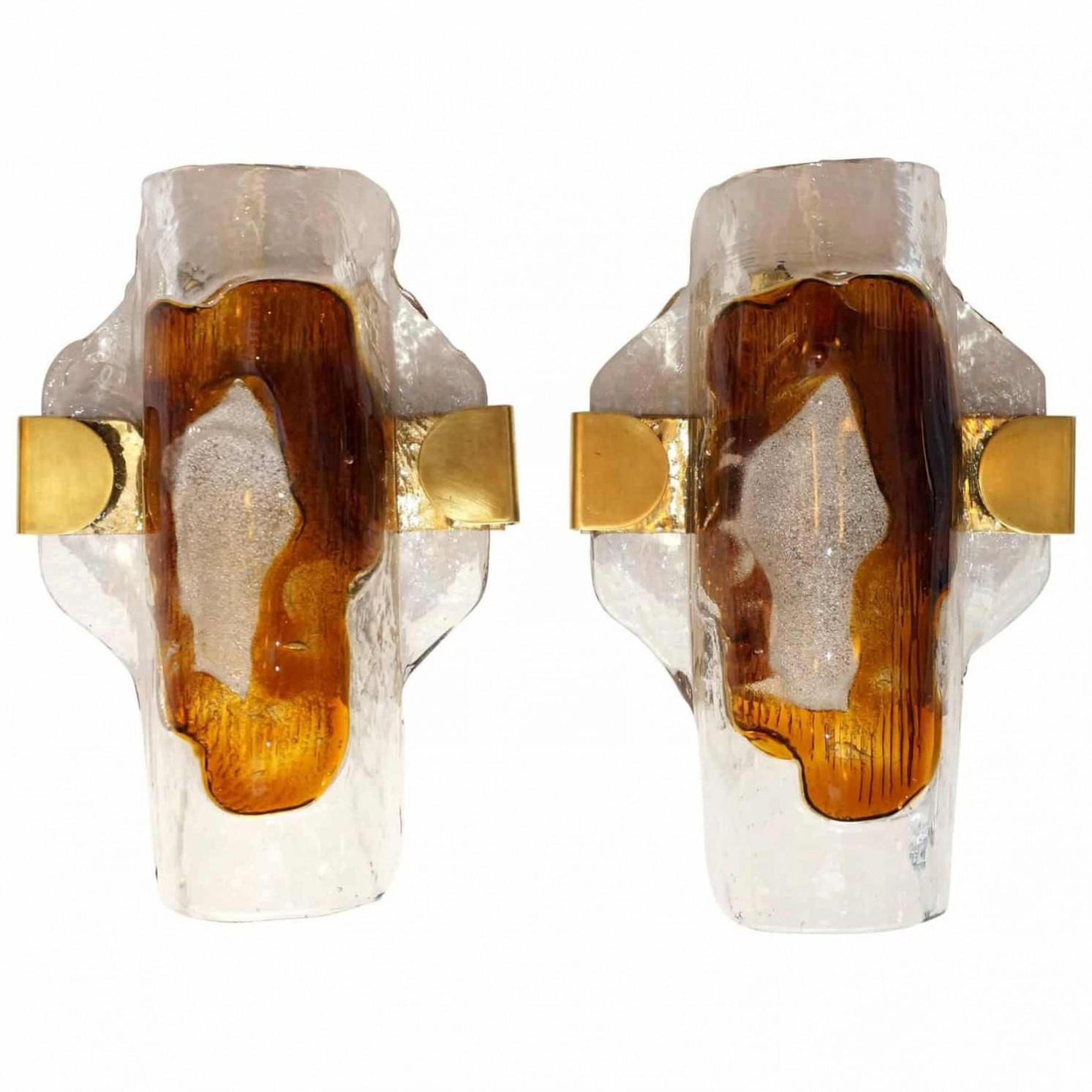 Pair of Murano Clear and Orange Glass Wall Lights, 1970s (Deutsch) im Angebot
