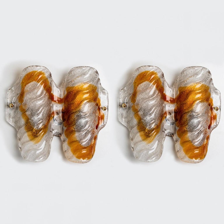 Pair of Murano Clear and Orange Glass Wall Lights, 1970s For Sale at