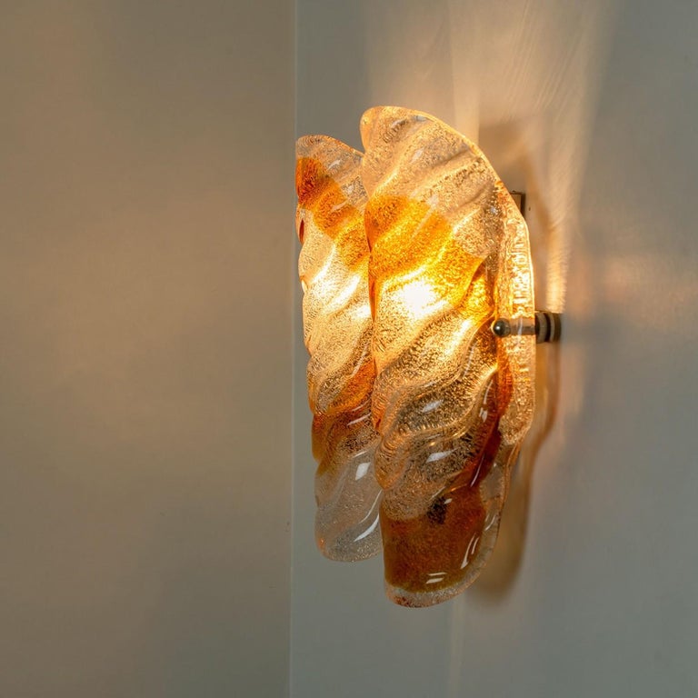 Pair of Murano Clear and Orange Glass Wall Lights, 1970s For Sale at