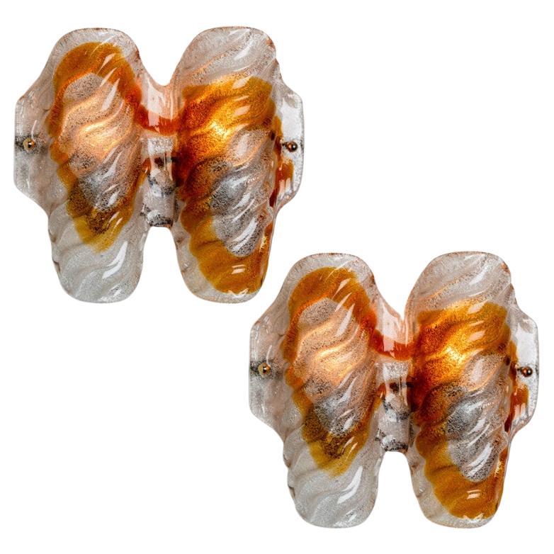 Pair of Murano Clear and Orange Glass Wall Lights, 1970s