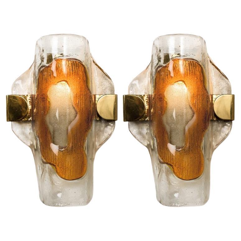 Pair of Murano Clear and Orange Glass Wall Lights, 1970s