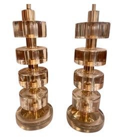 Pair of Murano Clear Glass and Brass Disc Lamps