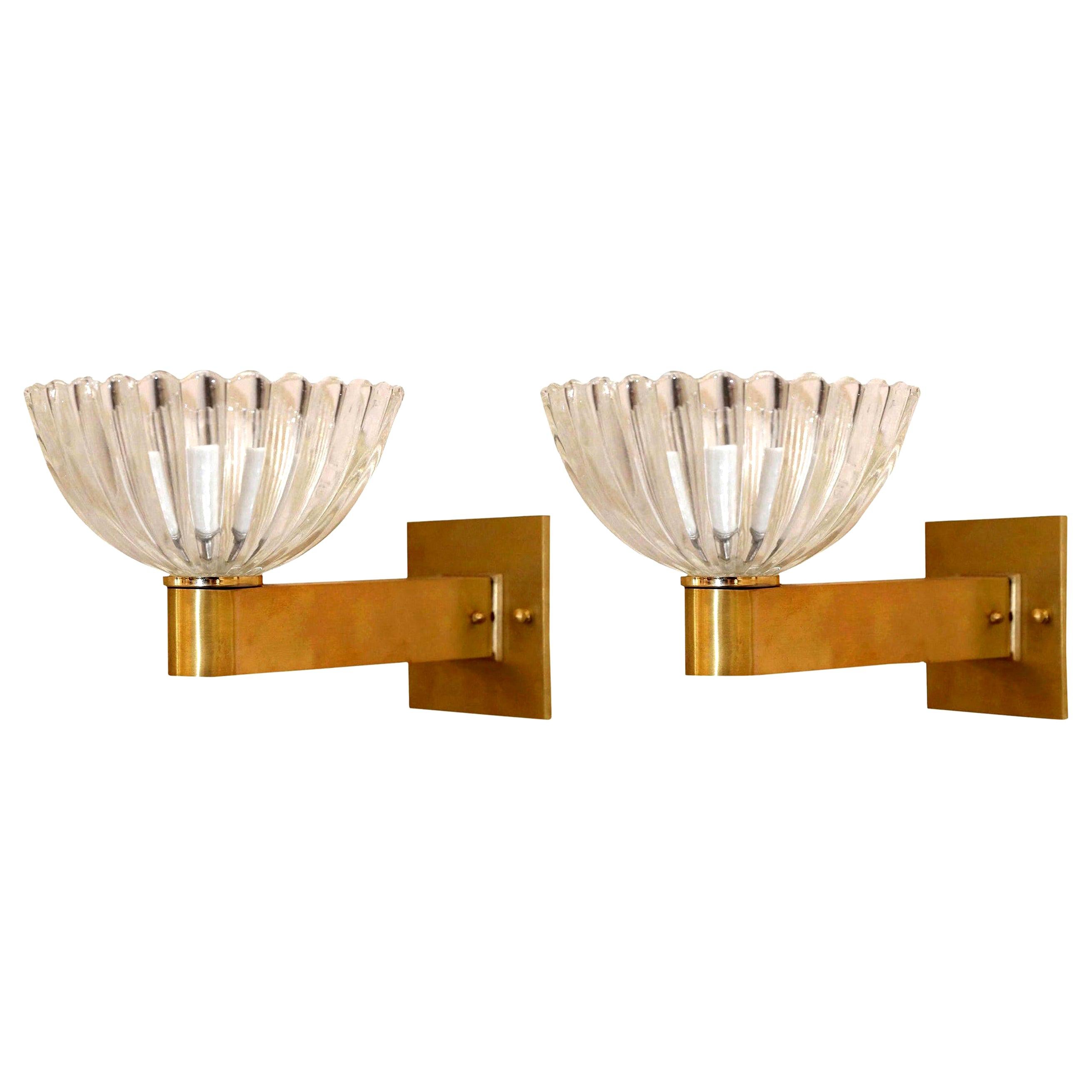 Mid-20th Century Pair of Murano Clear Glass and Brass Sconces