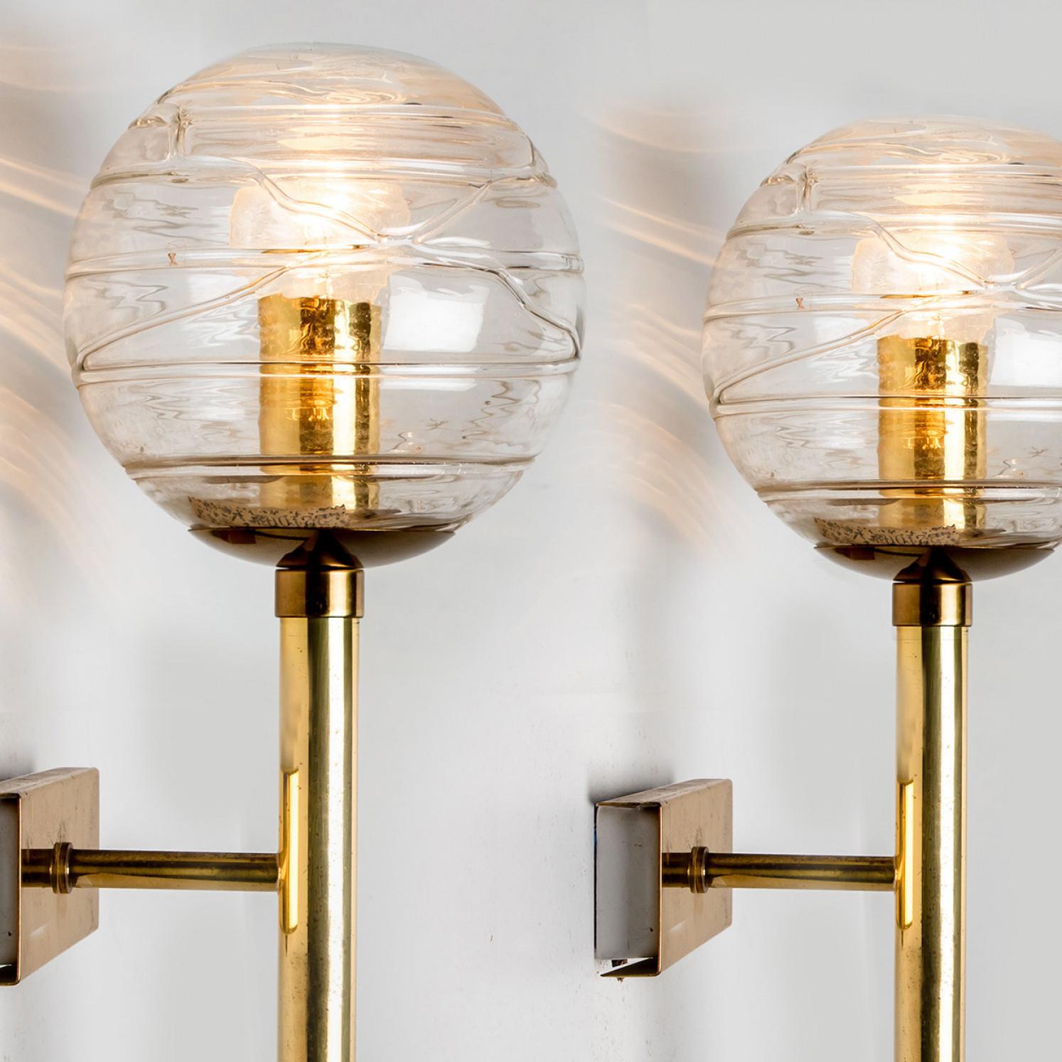 Mid-20th Century Pair of Murano Clear Glass and Brass Wall Lights by Doria Leuchten, 1960s For Sale