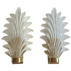 Pair of Murano Clear Glass and Brass Leaf Sconces, Mid-Century Modern, 1970s