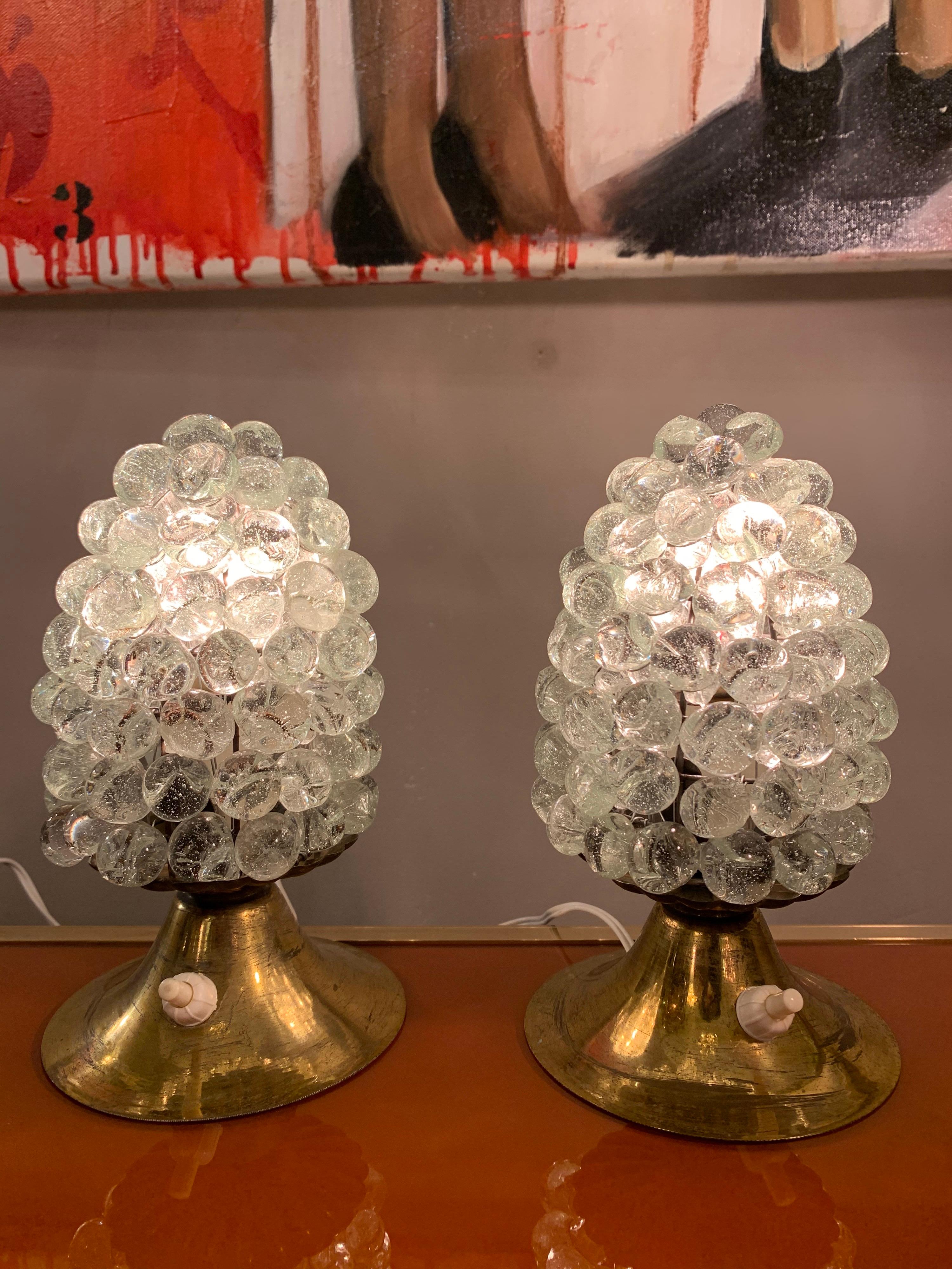 Pair of midcentury Murano clear glass grape nightstand lamps with brass base.
