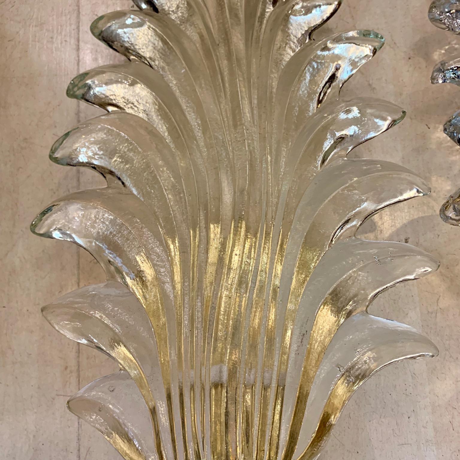 Pair of Murano Clear Glass Leaf Sconces Brass Structure, 1940s 4