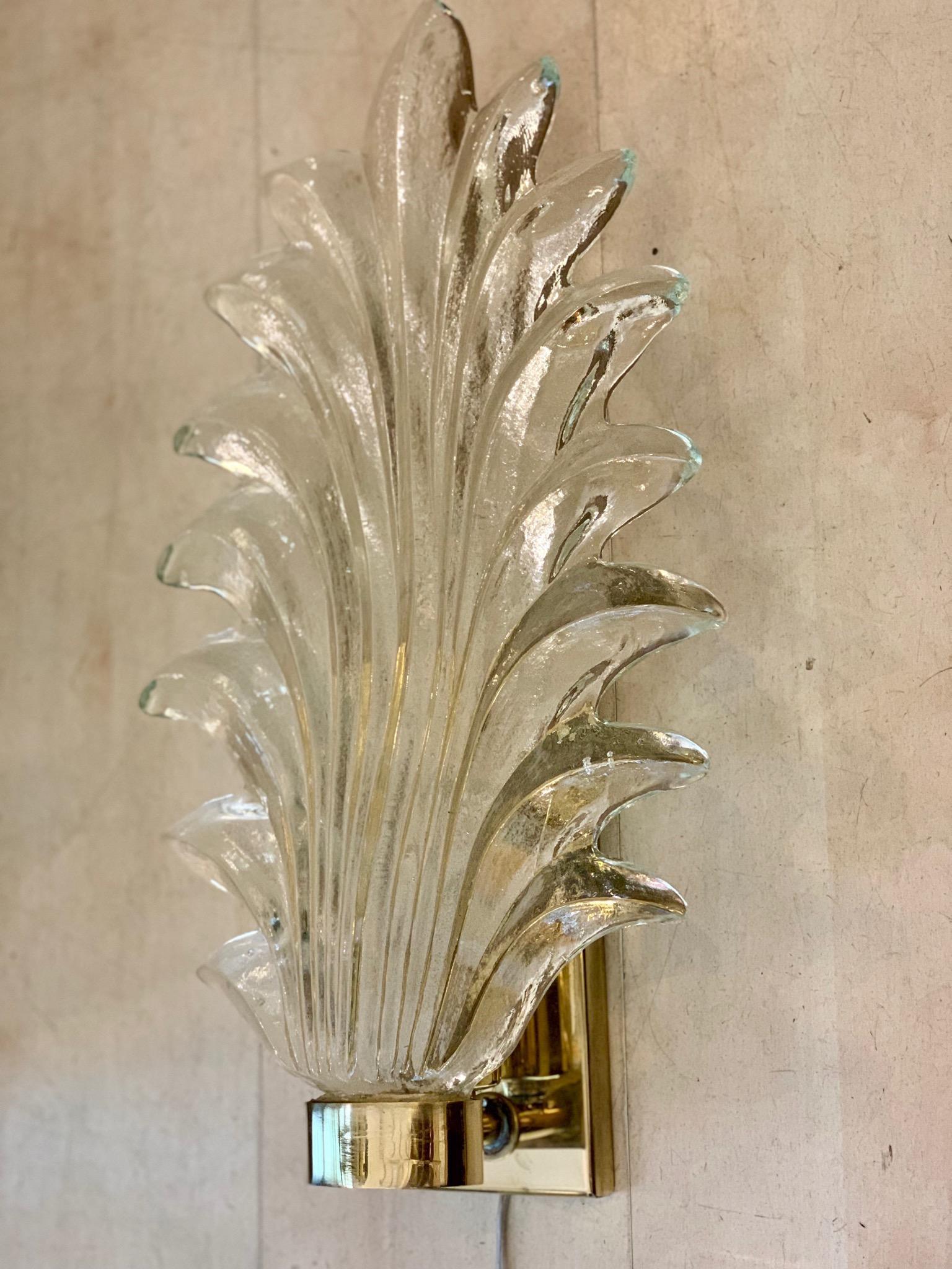 Pair of Murano Clear Glass Leaf Sconces Brass Structure, 1940s 8