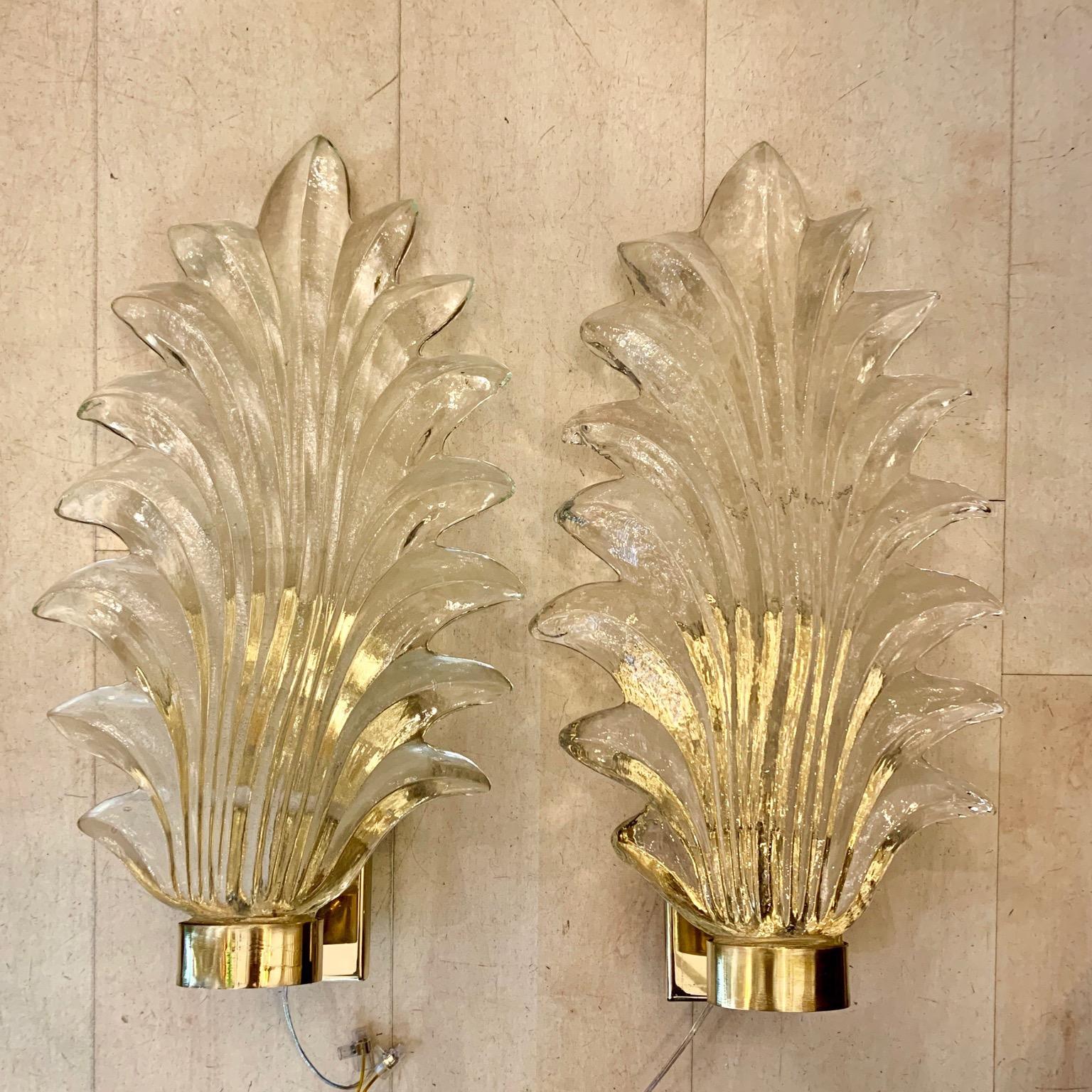 Pair of Murano Clear Glass Leaf Sconces Brass Structure, 1940s 1