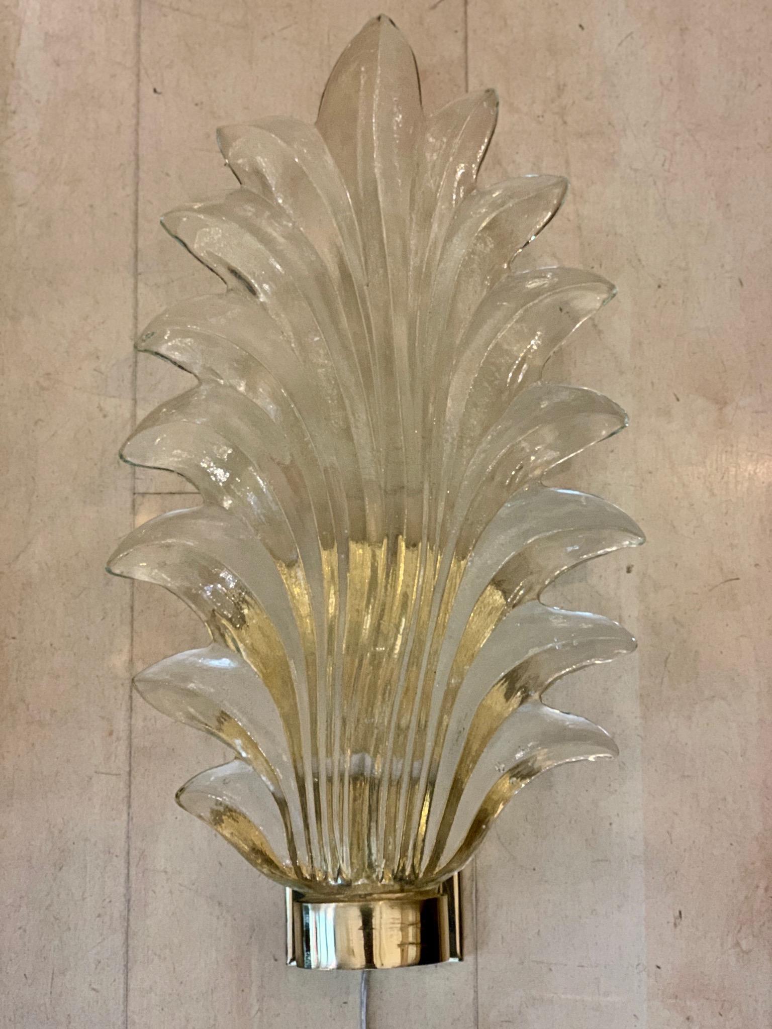 Pair of Murano Clear Glass Leaf Sconces Brass Structure, 1940s 2