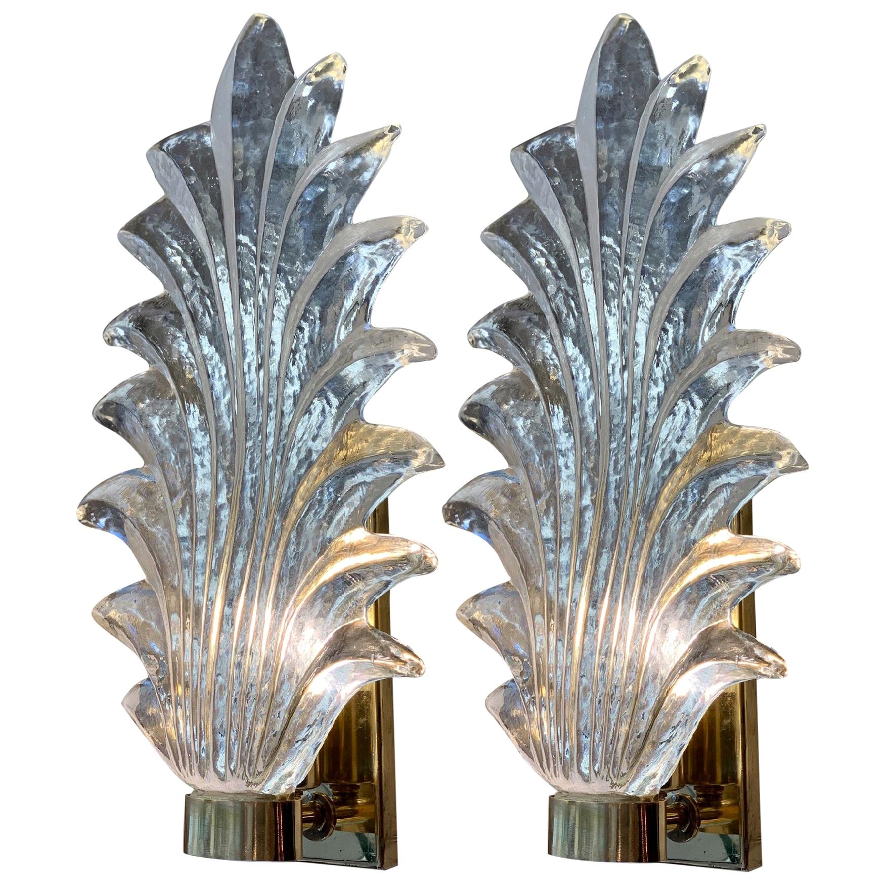 Pair of Murano Clear Glass Leaf Sconces Brass Structure, 1940s