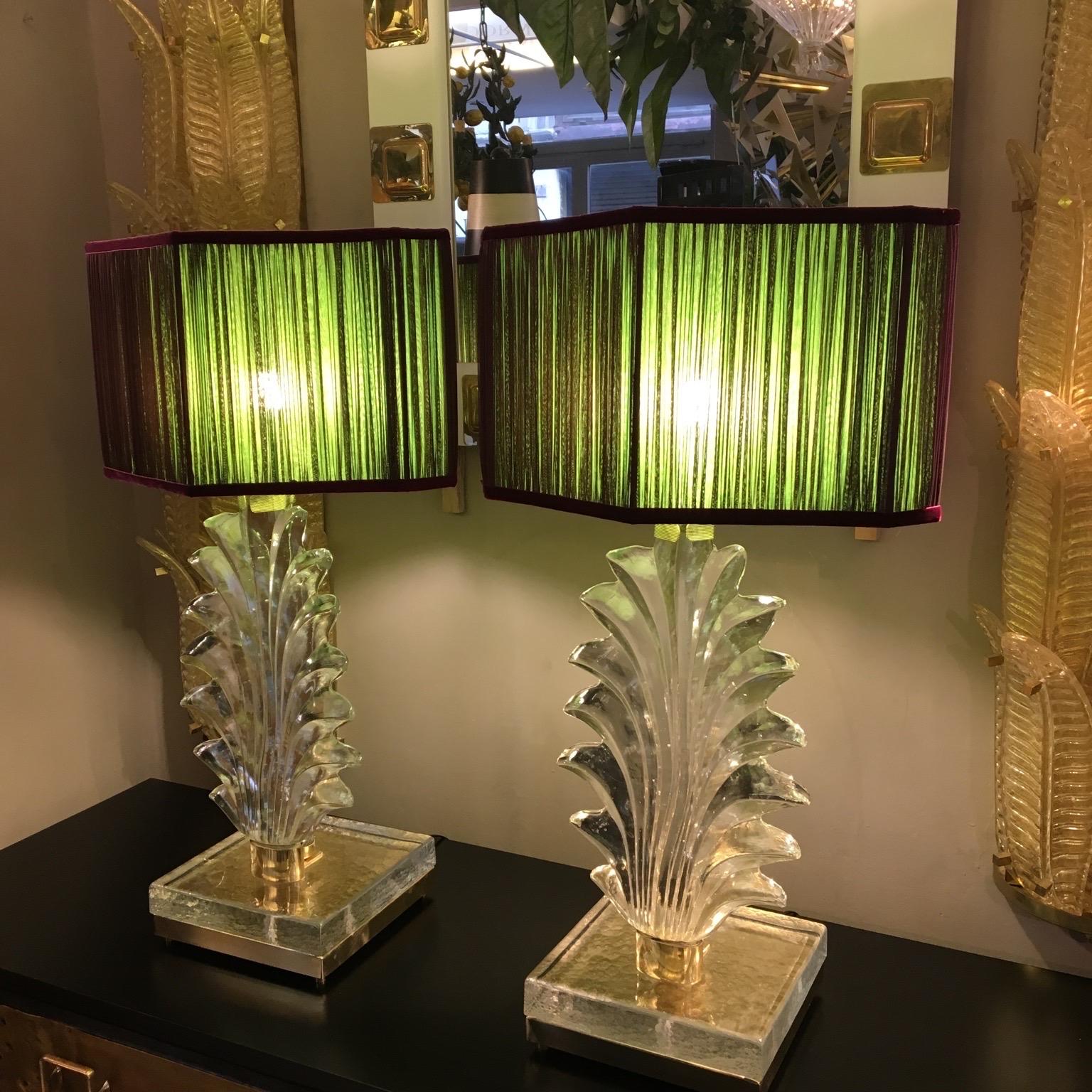 Pair of Murano Clear Glass Leaf Table Lamps with double color lampashades 1980s For Sale 7