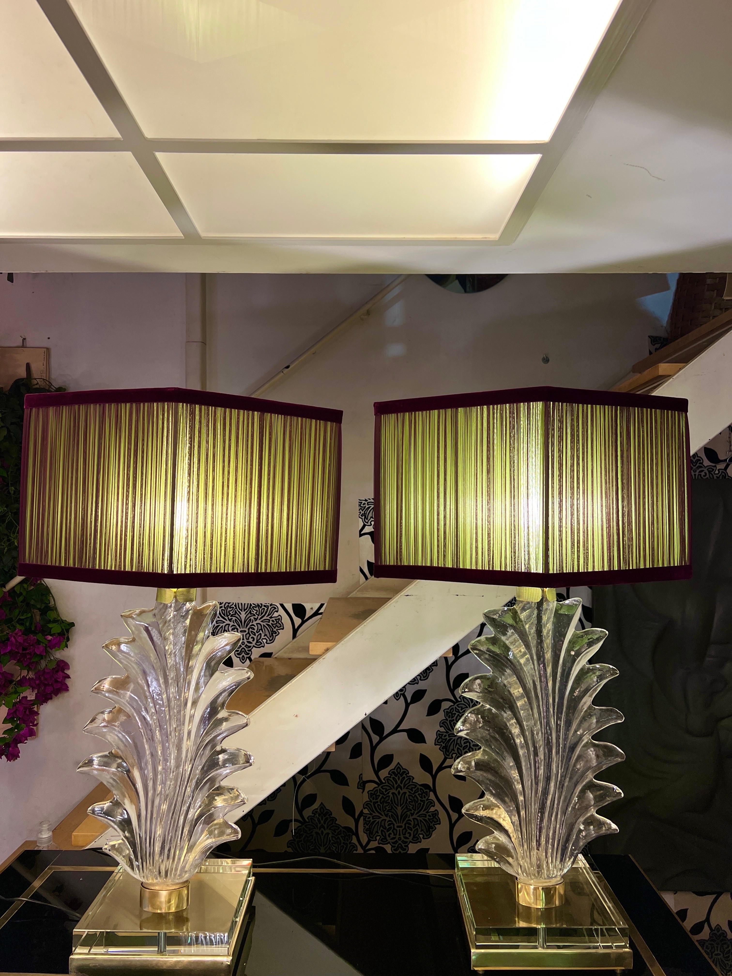 Pair of Murano hand blown clear glass leaf table lamps with square thick and heavy clear glass base. The lamps are presented with handmade lampshades handcrafted by our team, double color silk chiffon (acid green inside and burgundy outside),