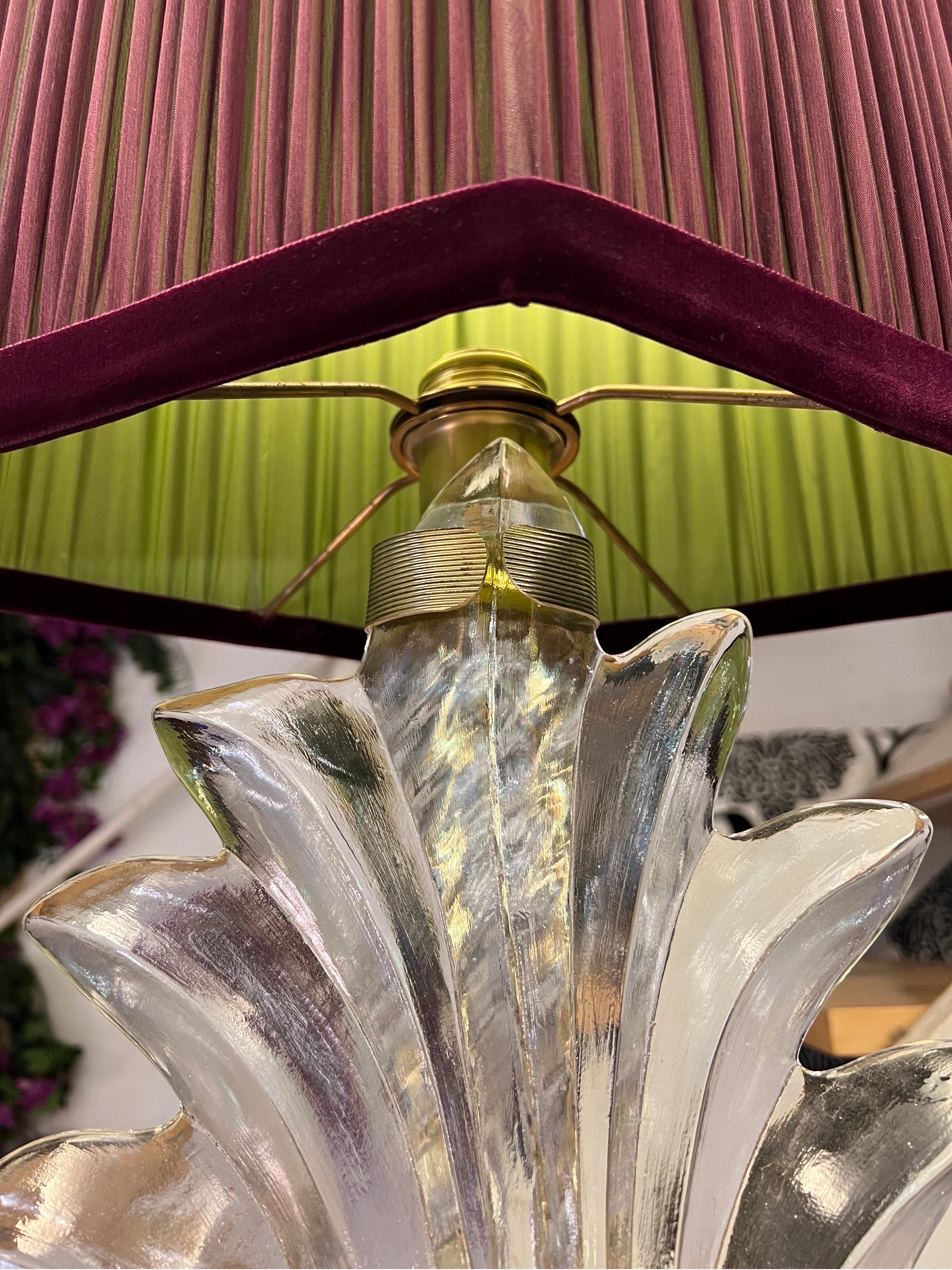 Brass Pair of Murano Clear Glass Leaf Table Lamps with double color lampashades 1980s For Sale