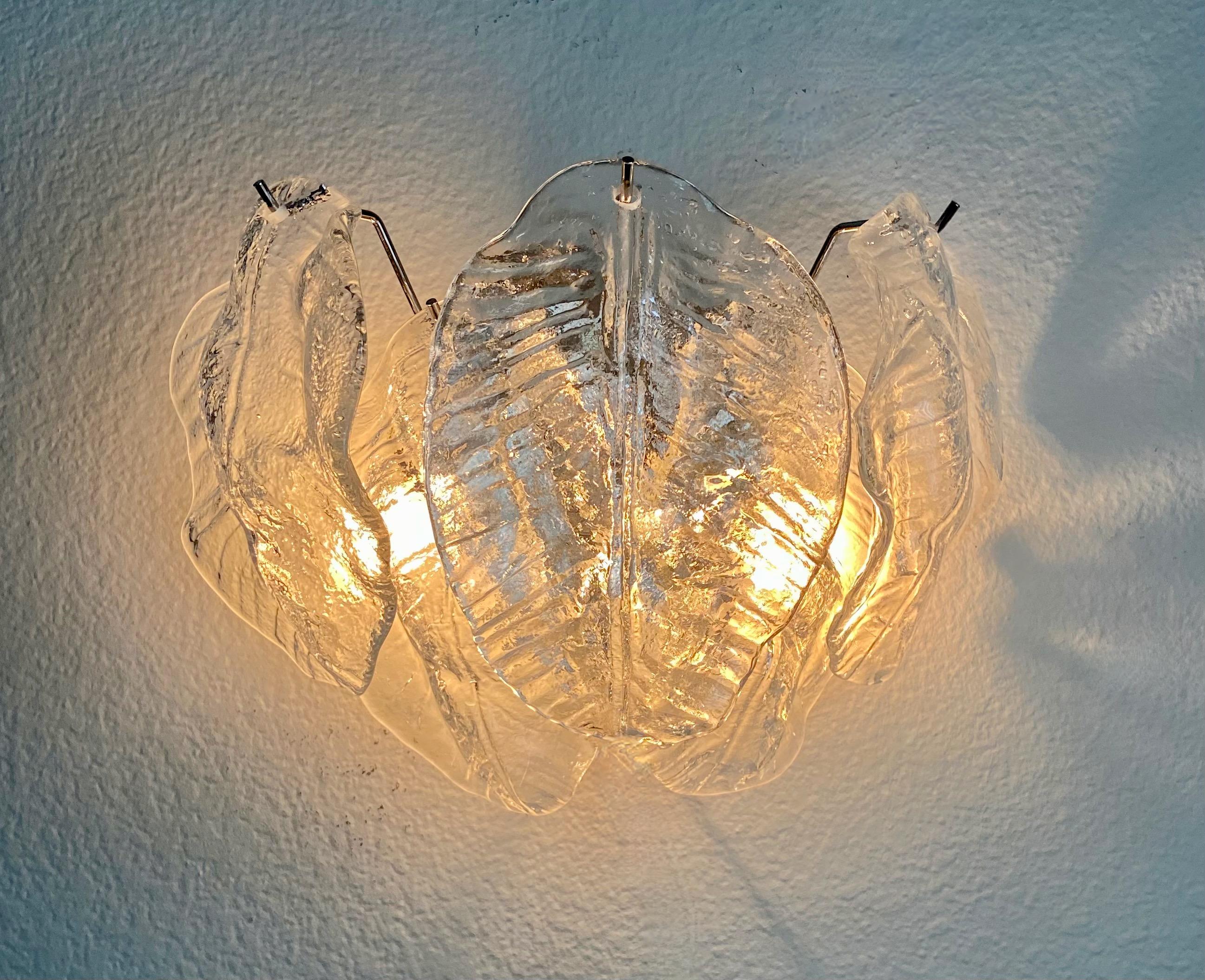 Pair of Murano Clear Glass Leaf Wall Sconces 7