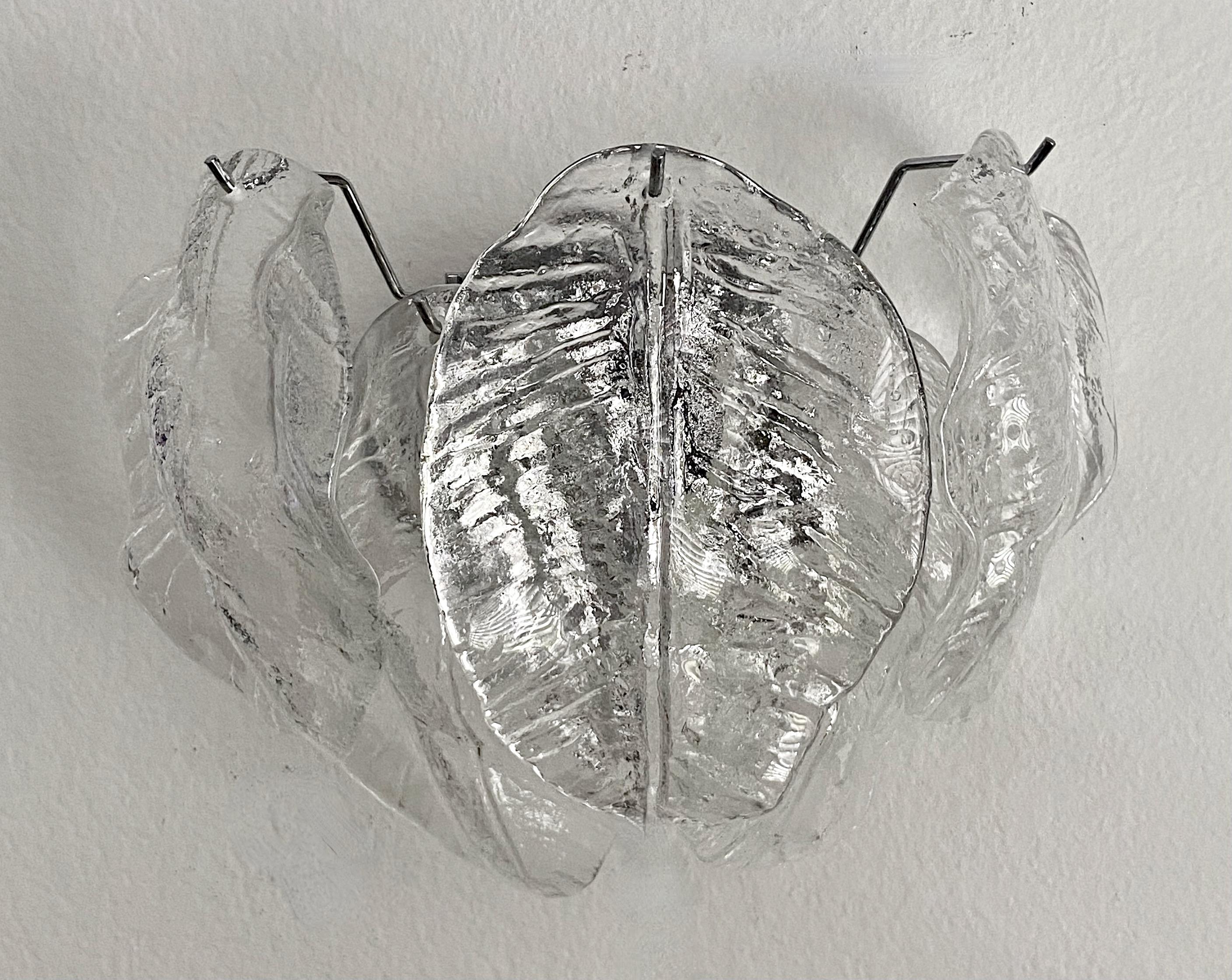 Contemporary Pair of Murano Clear Glass Leaf Wall Sconces