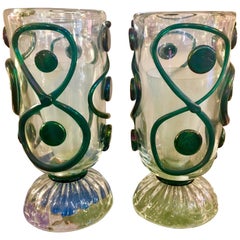 Pair of Murano Clear Glass Table Lamps with Green Hot Glass Applications, 1980s