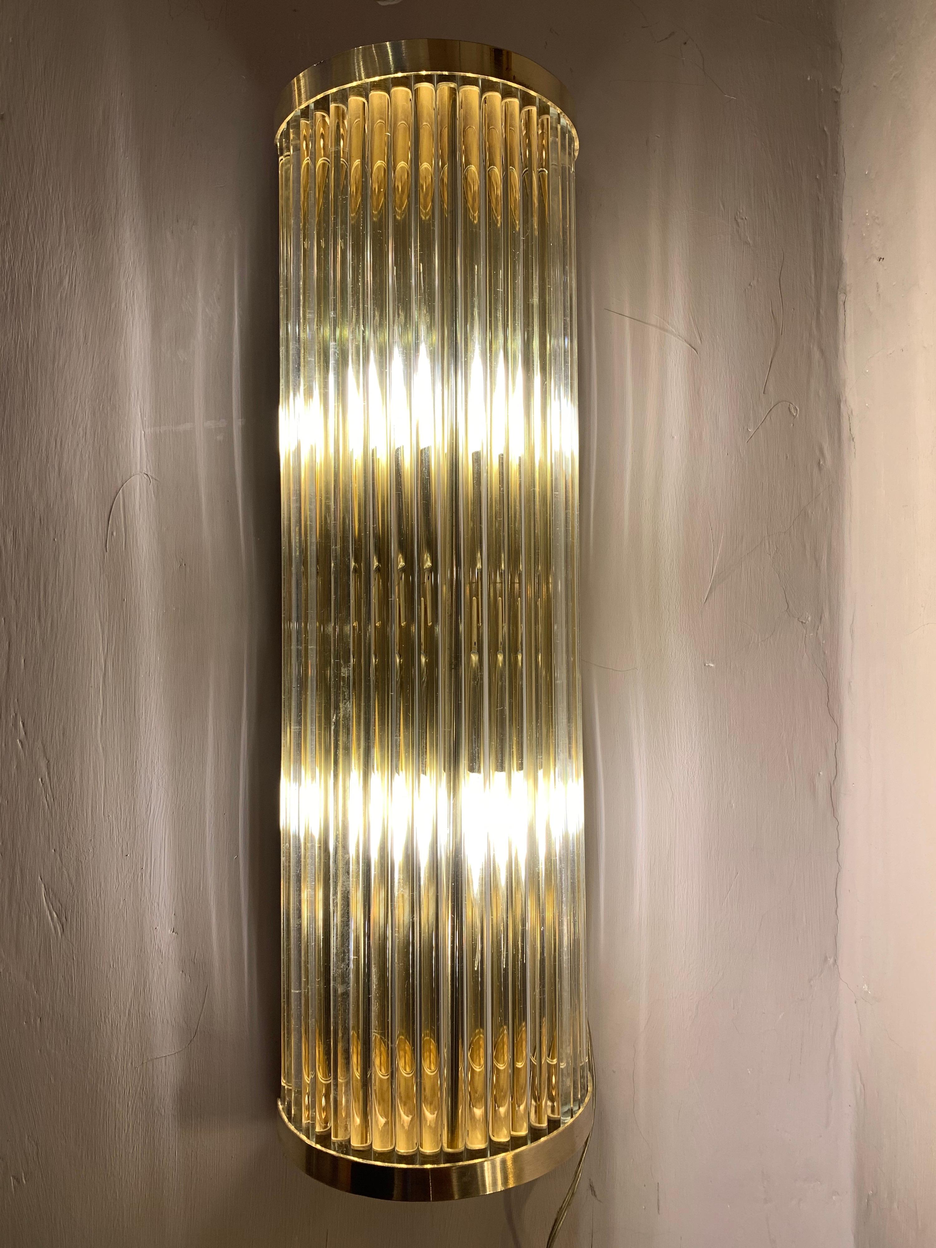 Pair of Murano Clear Glass Wall Sconces with Brass Structure, 1980s For Sale 4