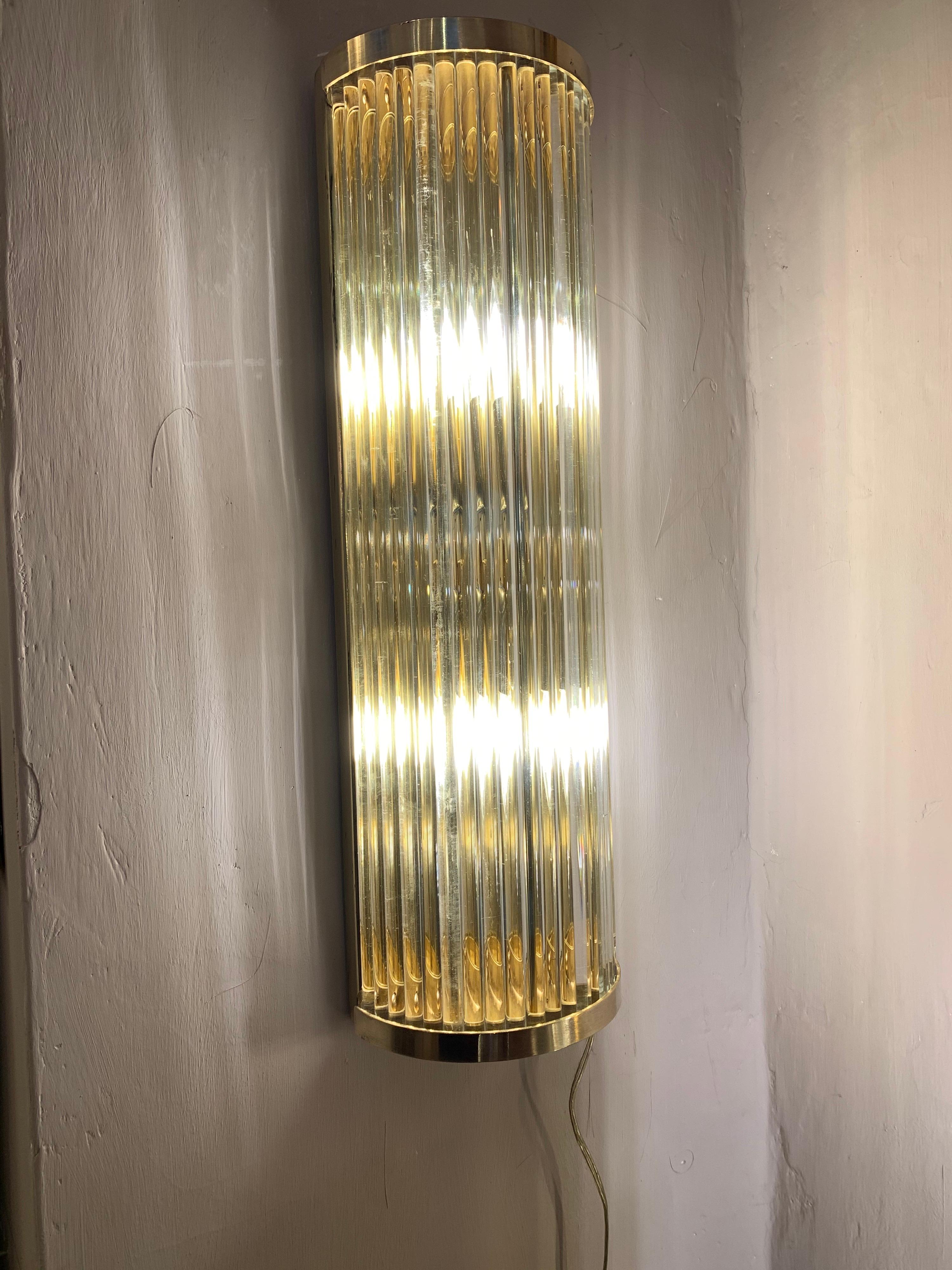 Pair of Murano Clear Glass Wall Sconces with Brass Structure, 1980s For Sale 6