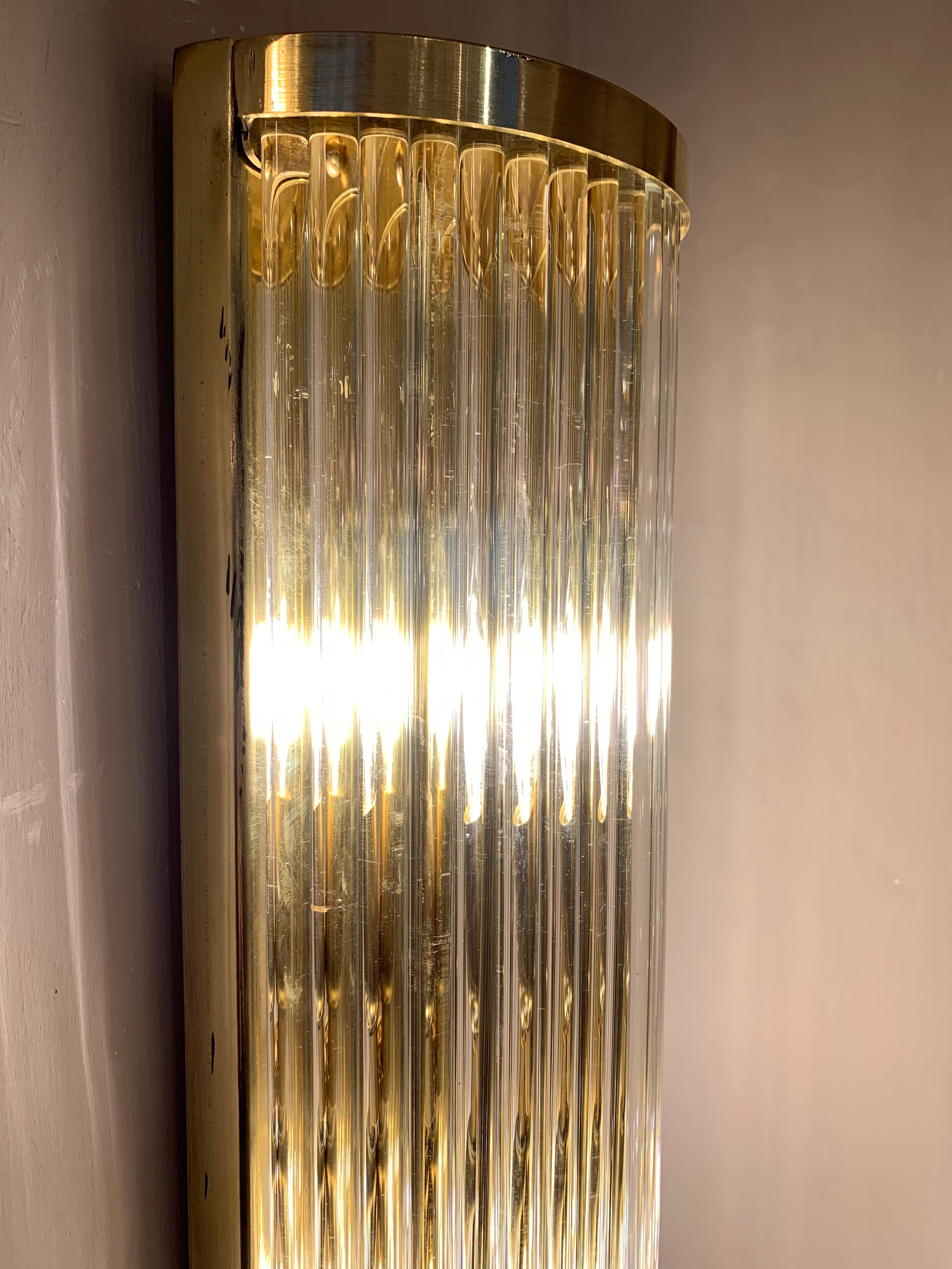 Pair of Murano Clear Glass Wall Sconces with Brass Structure, 1980s For Sale 8