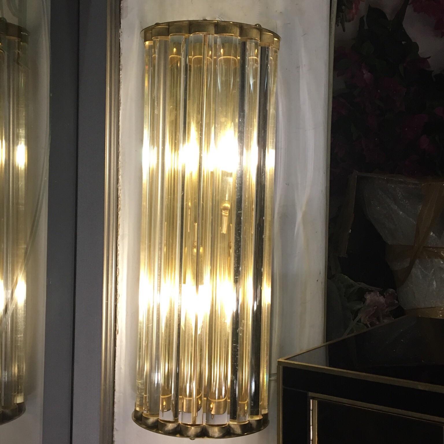 Modern Pair of Murano Clear Glass Wall Sconces with Brass Structure, 1980s