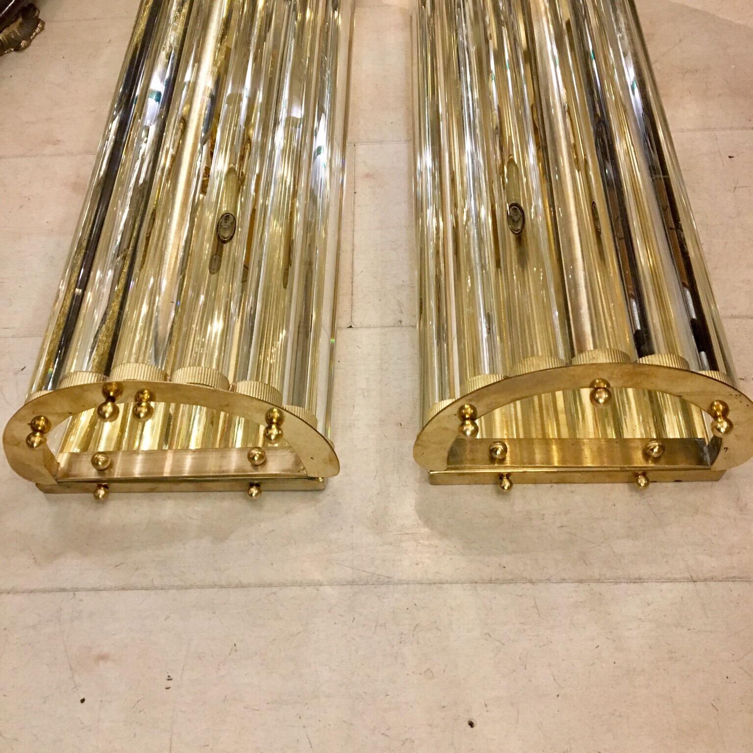 Late 20th Century Pair of Murano Clear Glass Wall Sconces with Brass Structure, 1980s