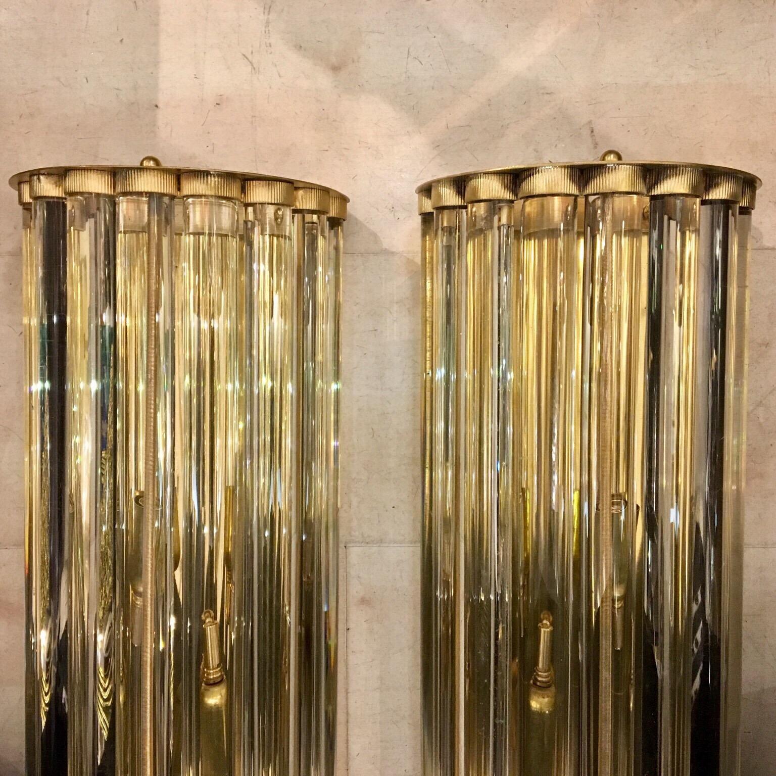 Pair of Murano Clear Glass Wall Sconces with Brass Structure, 1980s 1