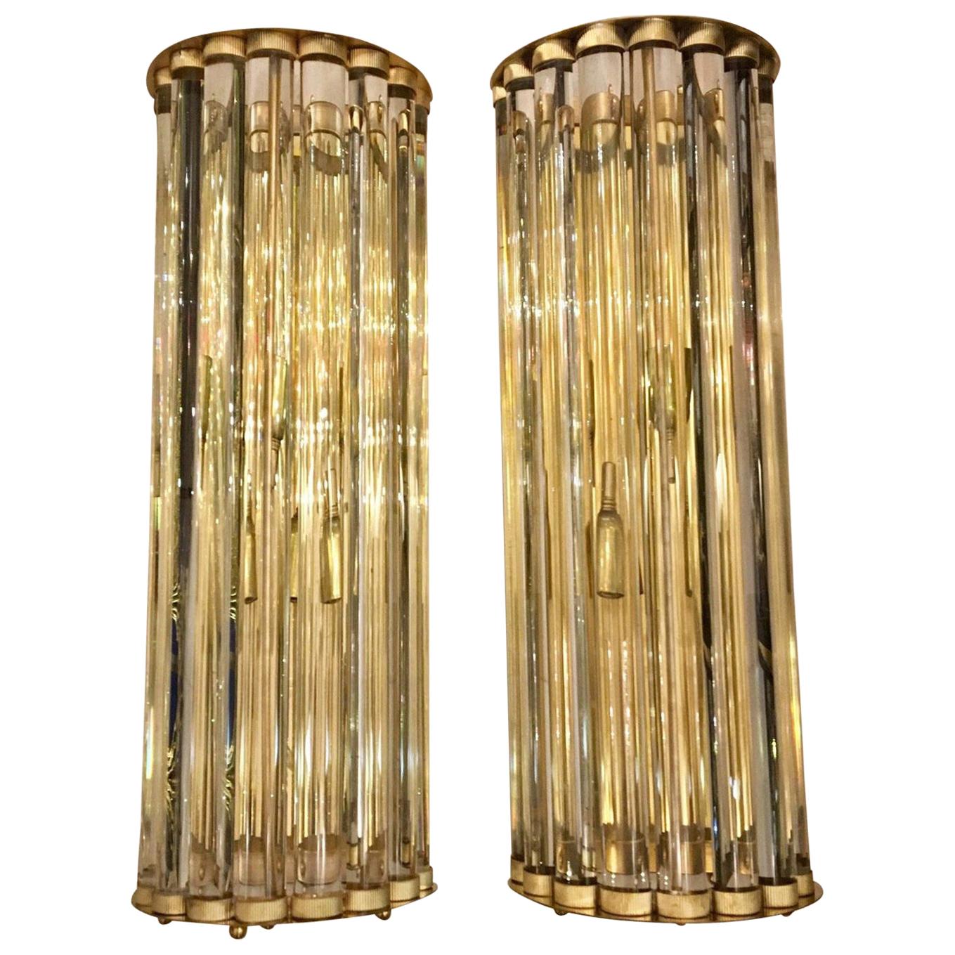 Pair of Murano Clear Glass Wall Sconces with Brass Structure, 1980s
