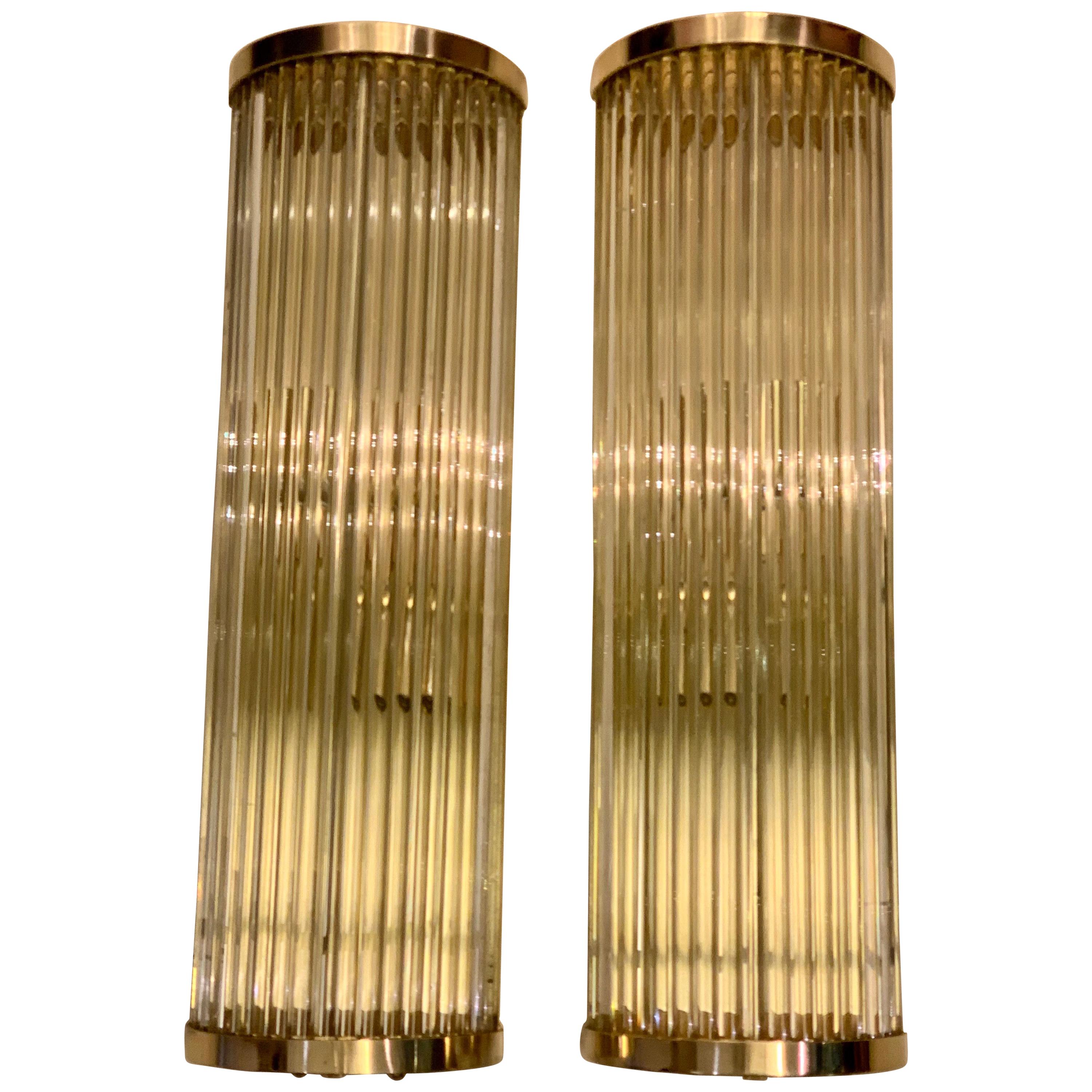 Pair of Murano Clear Glass Wall Sconces with Brass Structure, 1980s For Sale