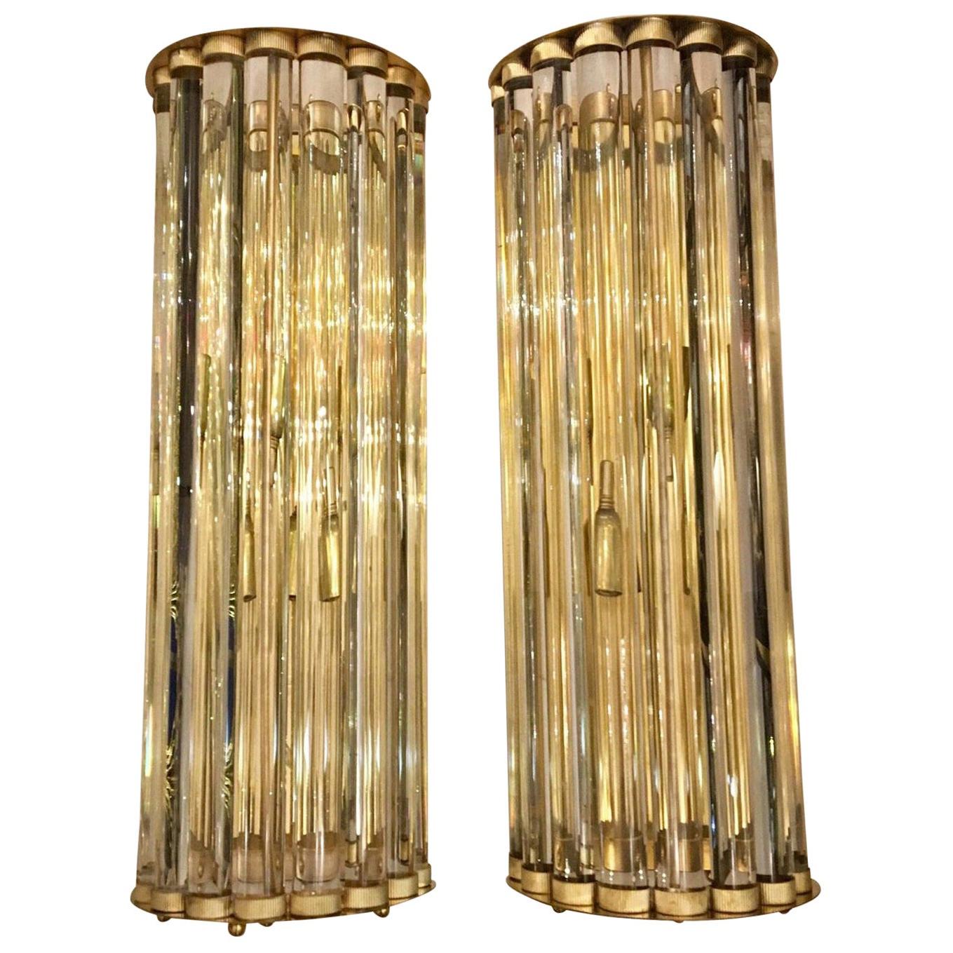 Pair of Murano Clear Glass Wall Sconces with Brass Structure, 1980s