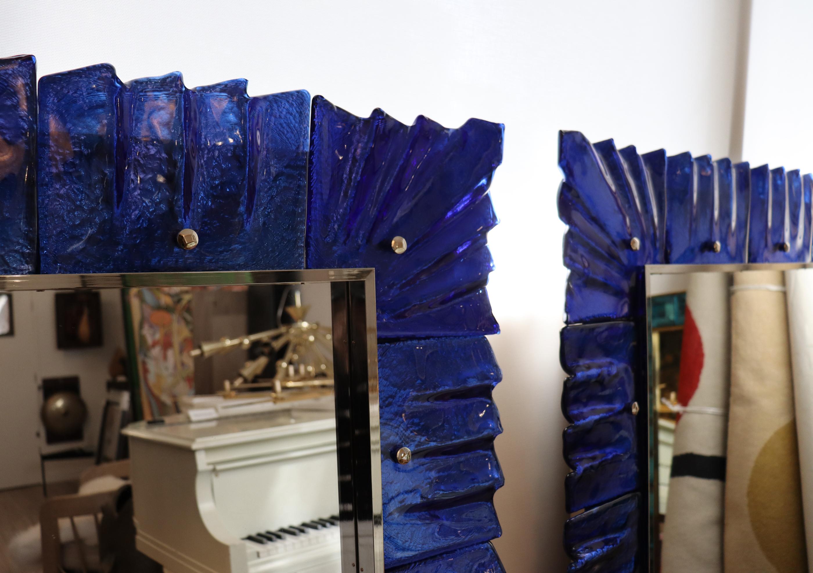 Italian Pair of Murano Cobalt Blue Glass Mirrors with Nickel Plated Trims, in Stock For Sale