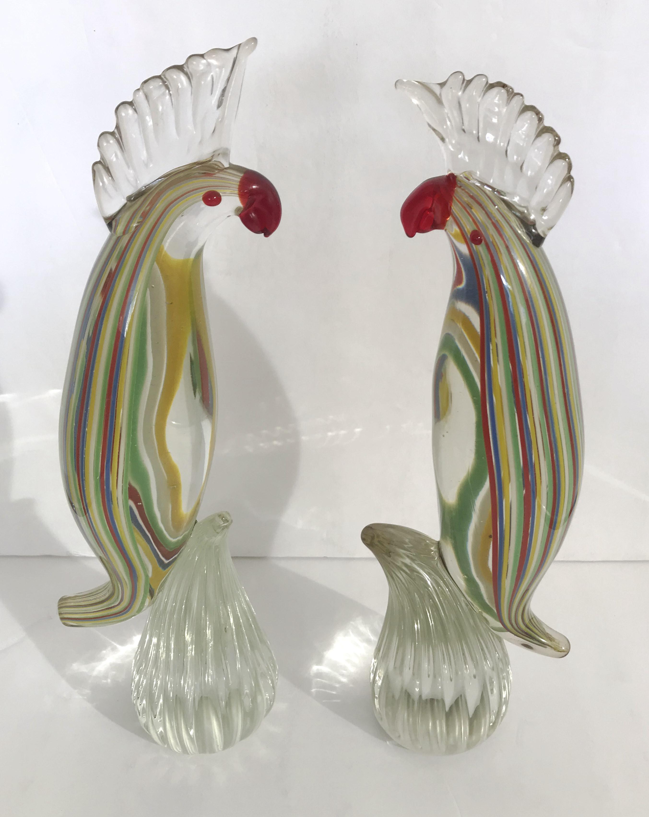 Pair of vintage cockatoo sculptures hand blown in clear Murano glass with beautiful multicolored stripes / Made in Italy, circa 1960s
Measures: height 12.5 inches, diameter 4 inches
1 set in stock in Palm Springs currently ON HOLIDAY SALE for $999