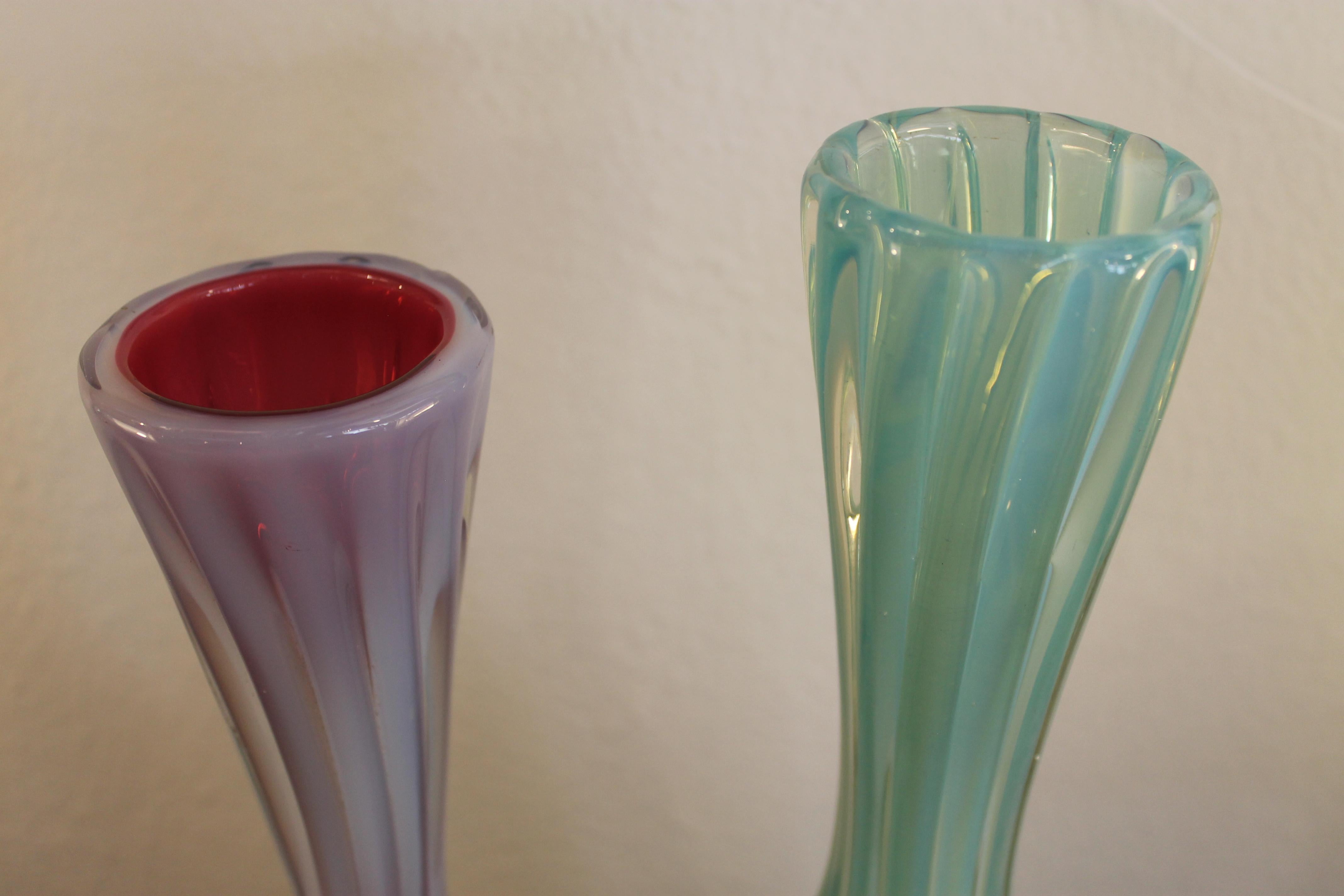 Mid-Century Modern Pair of Murano Cranberry, Turquoise and Opaque Vases For Sale