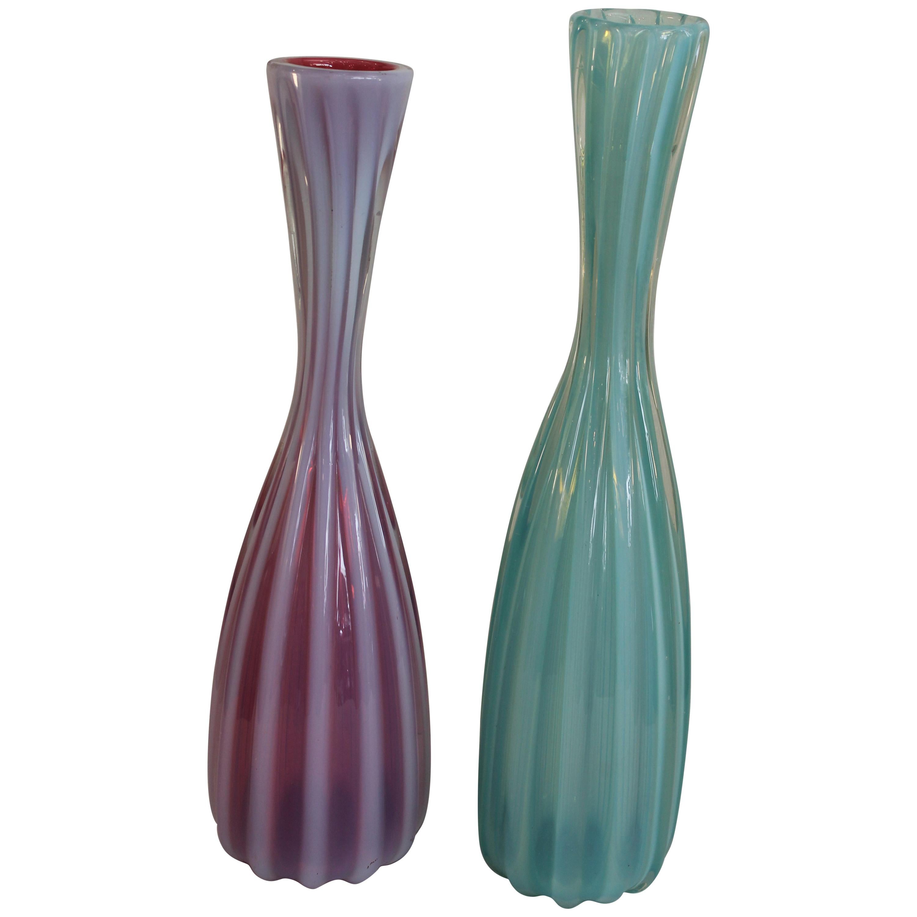 Pair of Murano Cranberry, Turquoise and Opaque Vases For Sale