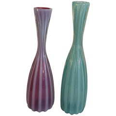 Vintage Pair of Murano Cranberry, Turquoise and Opaque Vases