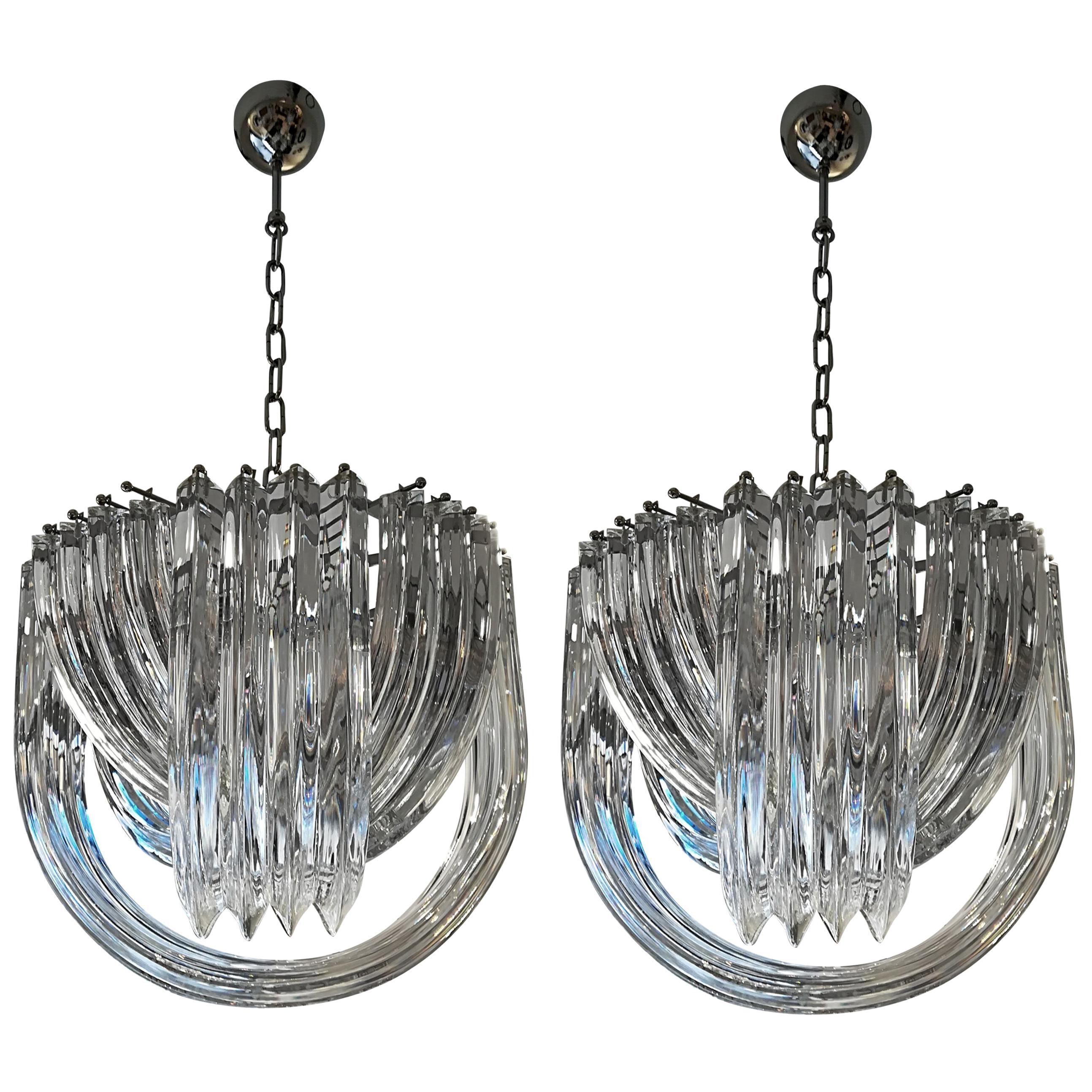 Pair of Murano Curved Crystal Chandelier Attributed to Carlo Nason