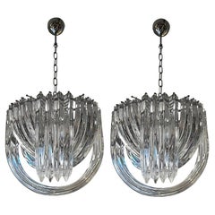 Pair of Murano Curved Crystal Chandelier Attributed to Carlo Nason