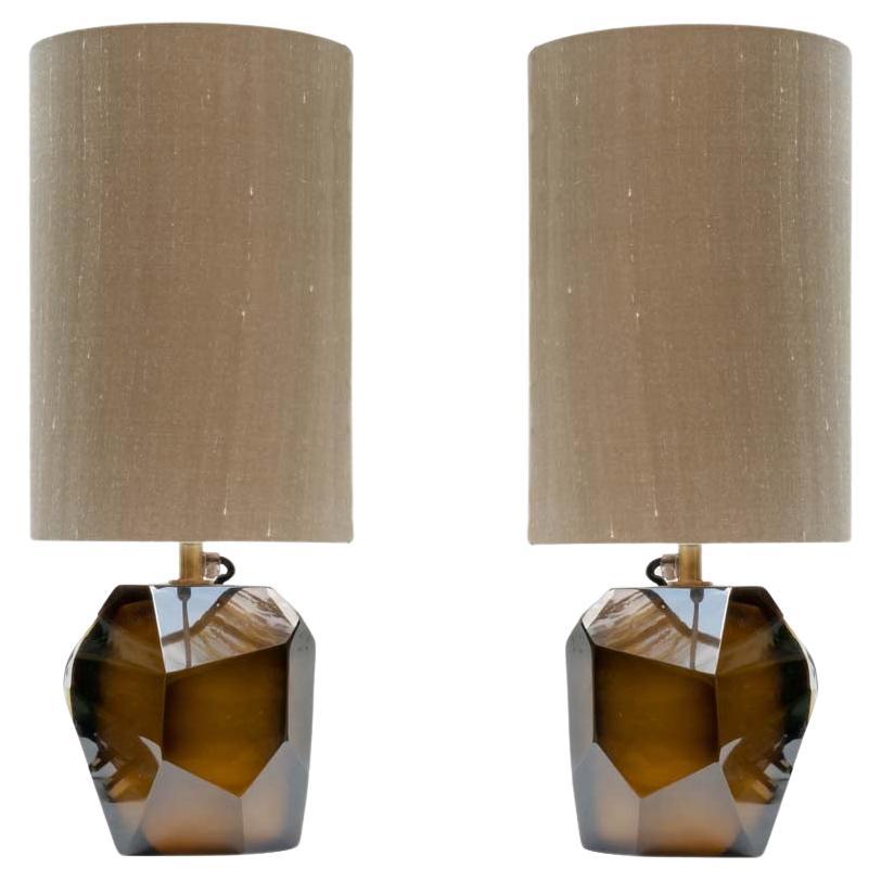 Coppia di lampade da tavolo in vetro sfaccettato a taglio di diamante di Murano di Alberto Dona in vendita