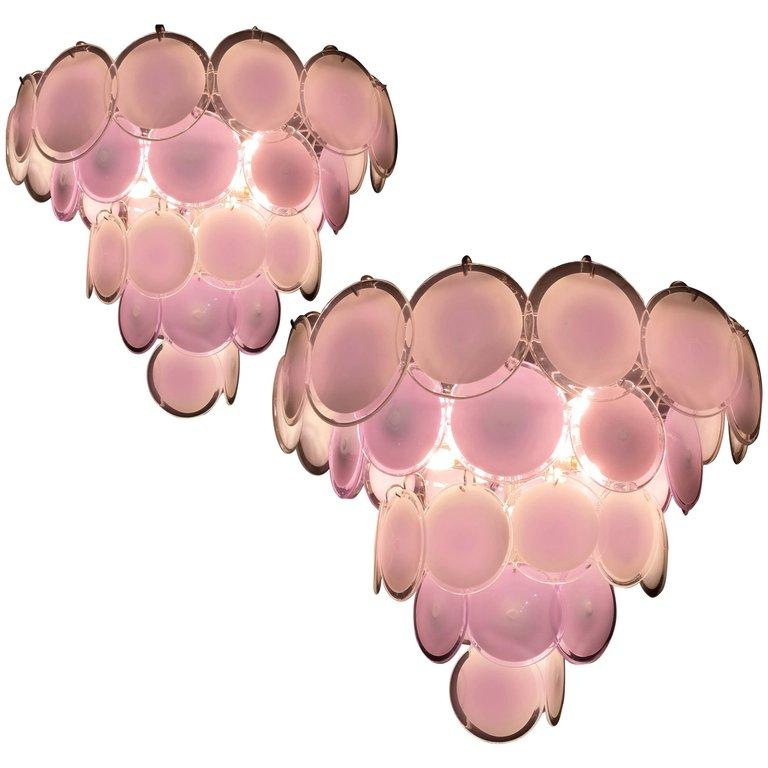 Metallo Coppia di lampadari a disco di Murano con ametista rosa, anni '70 in vendita