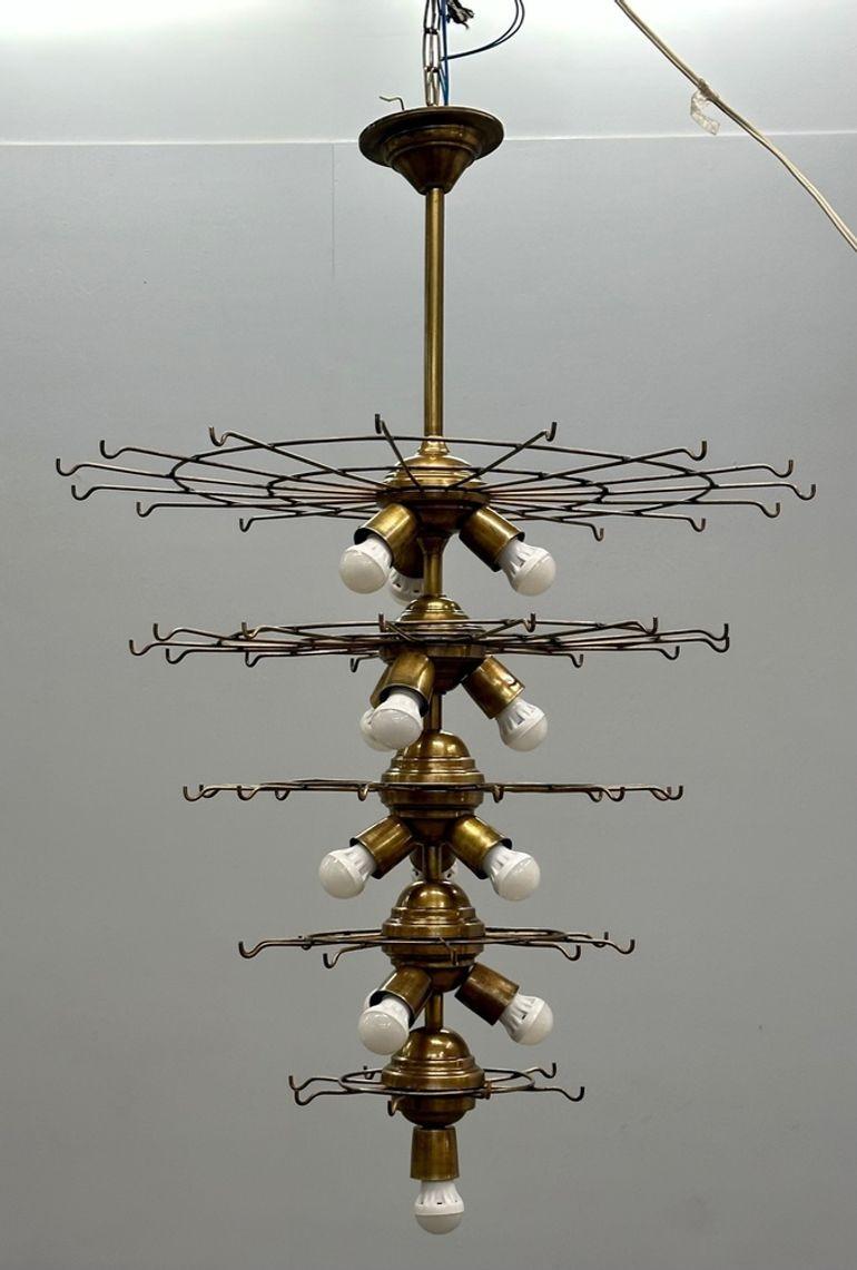 Pair of Murano Disc Mid-Century Modern Chandeliers, Antique Brass, New Wired For Sale 12