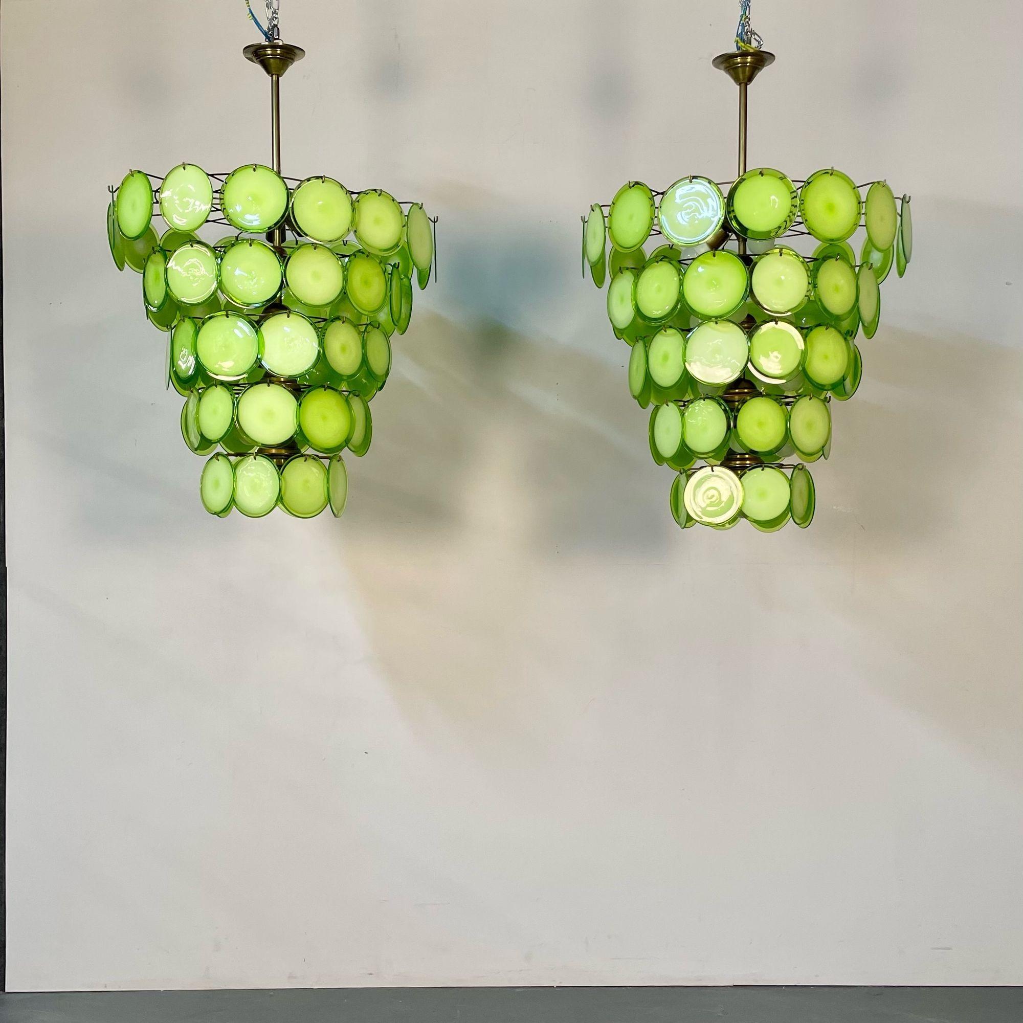 Italian Pair of Murano Disc Mid-Century Modern Chandeliers, Antique Brass, New Wired For Sale