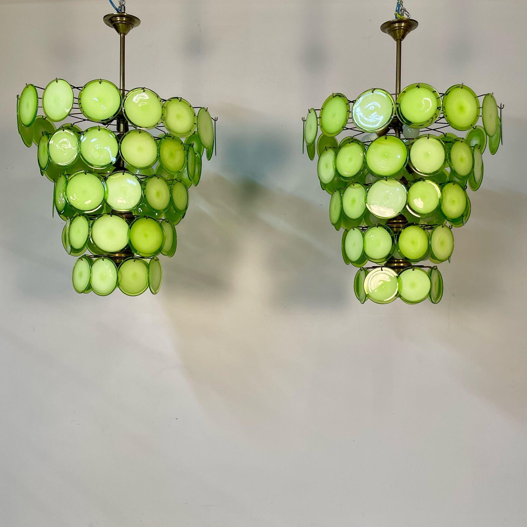 Pair of Murano Disc Mid-Century Modern Chandeliers, Antique Brass, New Wired In Good Condition For Sale In Stamford, CT