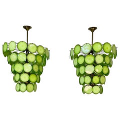 Coppia di lampadari a disco di Murano del Mid Century Modern, in ottone antico, nuovi