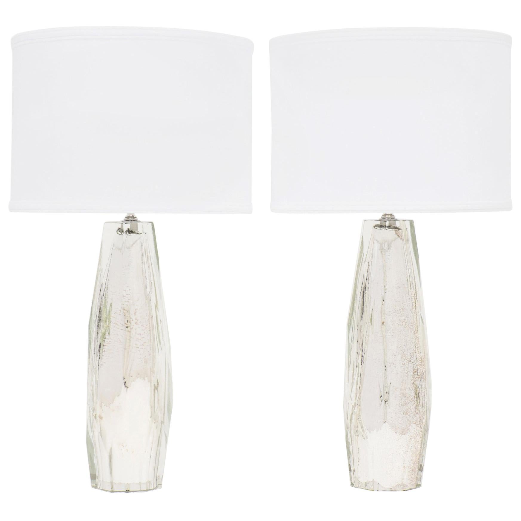 Pair of Murano Faceted Mercury Glass Lamps For Sale
