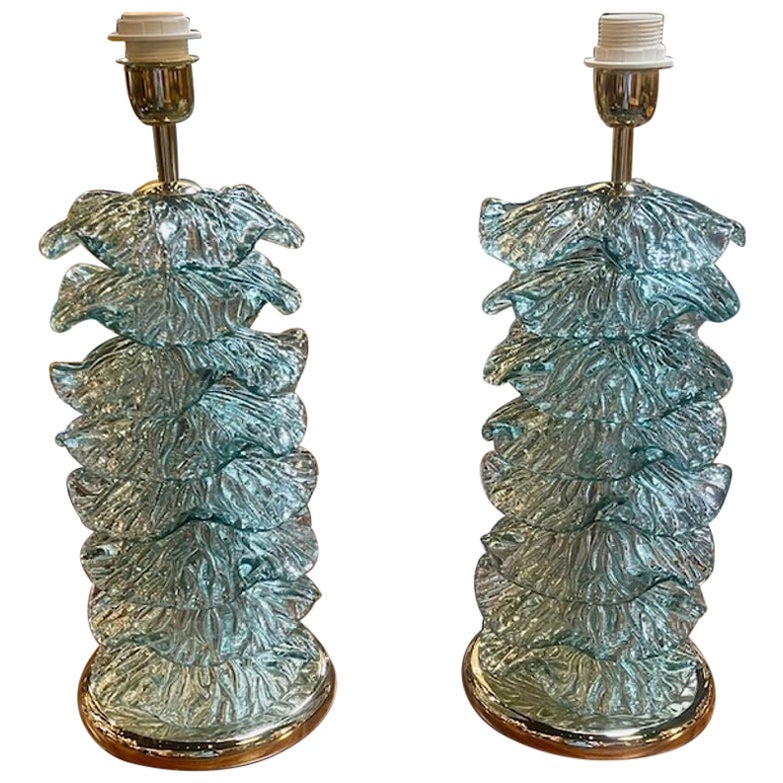 Pair of Murano Fontana Green Murano Glass Ruffle Lamps