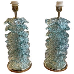 Pair of Murano Fontana Green Murano Glass Ruffle Lamps