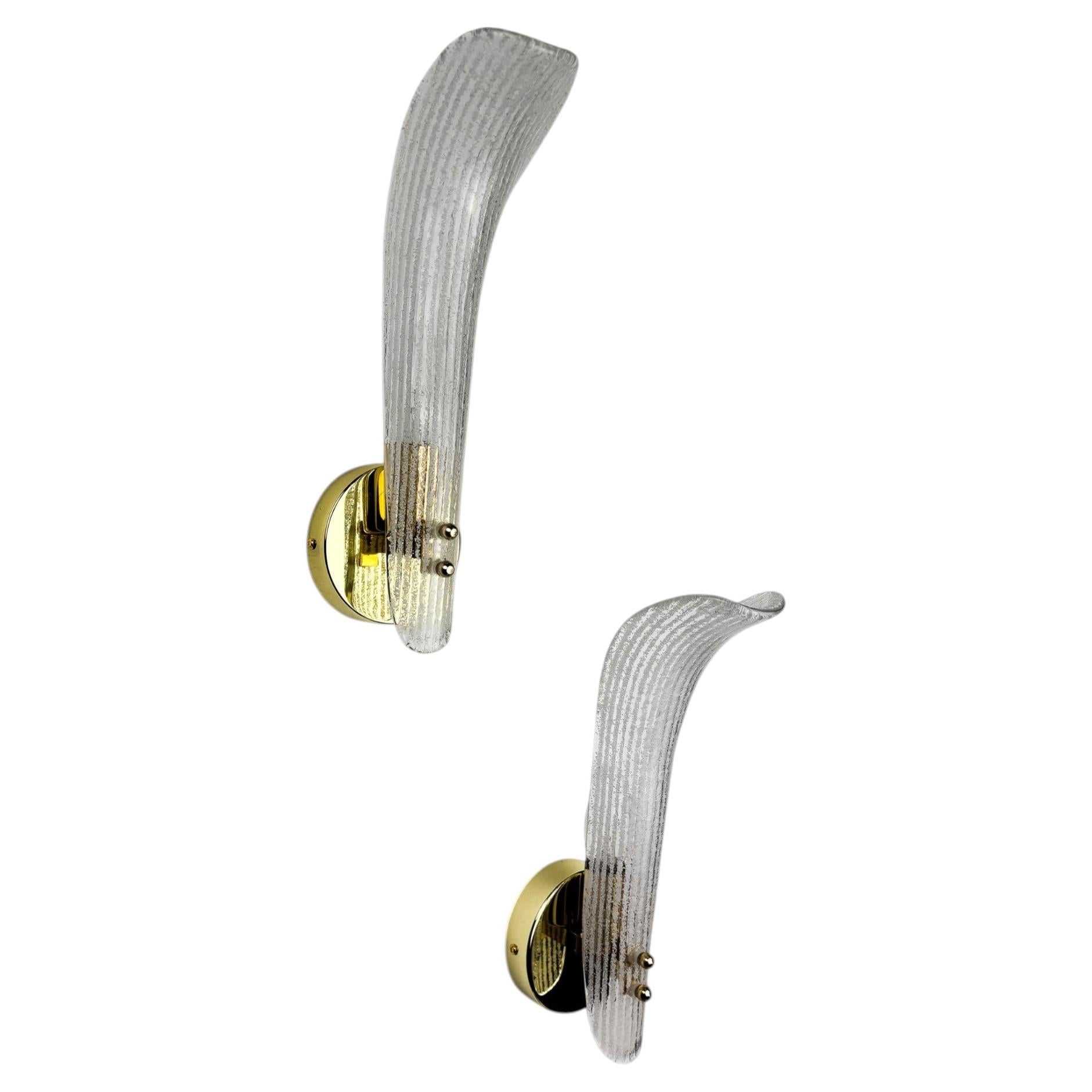 Pair of Murano Frosted Glass Leaf Sconces, Gilt Brass, Italy, 1970s