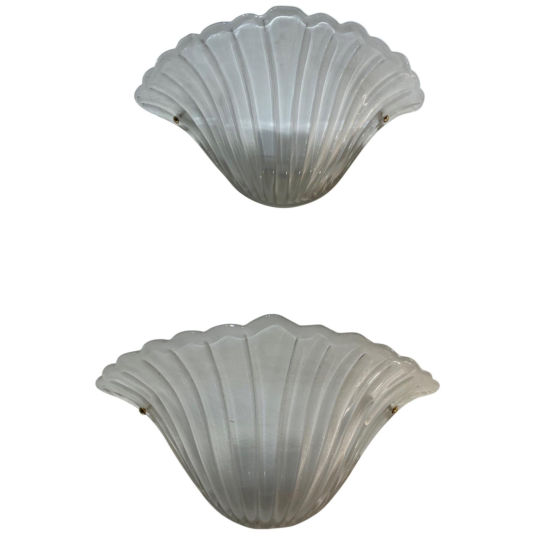 Pair of Murano Frosted Glass Shell Form Sconces For Sale