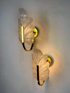 Pair of Murano Frosted Leaf Sconces, Textured Glass & Gilt Brass, Italy, 1970