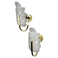 Pair of Murano Frosted Leaf Sconces, Textured Glass & Gilt Brass, Italy, 1970